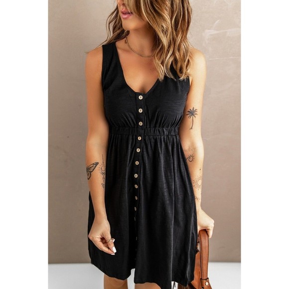 Sleeveless Button Down Black Empire Waist Mini Dress Medium V-Neck With Pockets - Picture 1 of 12